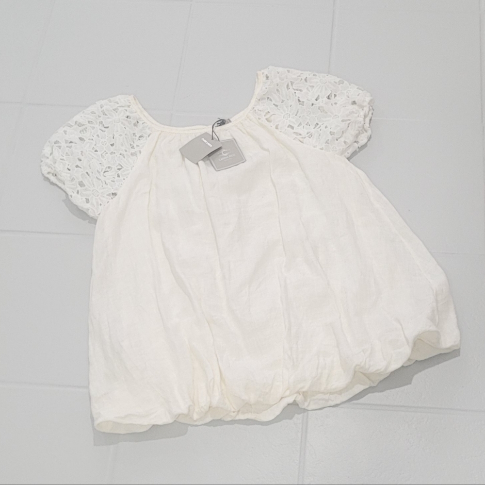 Carina Ricci NEW Pure Linen Egg Shell White Floral Lace Sleeve Italy Bubble Dres